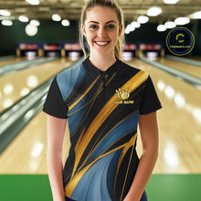 Load image into Gallery viewer, Blue &amp; Gold Bowling ball Polo, Quarter Zip Shirts for Women Custom Bowling Outfit Team bowlers jersey NQS10032