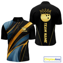Load image into Gallery viewer, Blue and Gold Bowling ball Polo, Quarter Zip Shirts for Men Custom Bowling Outfit Team bowlers jersey NQS10032