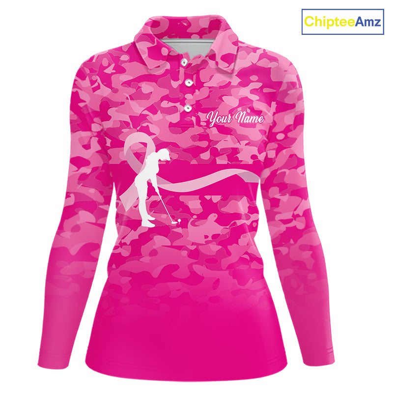 Breast Cancer Awareness golf shirts custom Women golf polos shirts, pink camo ribbon golf shirts NQS10191