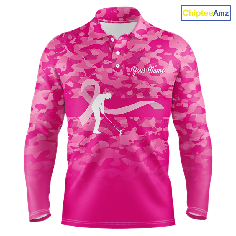 Breast Cancer Awareness golf shirts custom Mens golf polos shirts, pink camo ribbon golf shirts NQS10191
