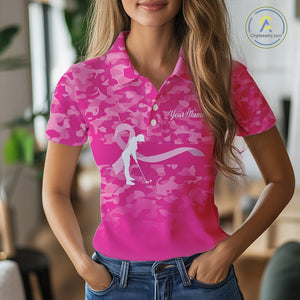 Breast Cancer Awareness golf shirts custom Women golf polos shirts, pink camo ribbon golf shirts NQS10191