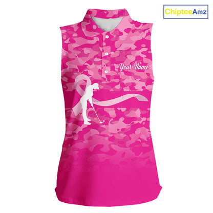Breast Cancer Awareness golf shirts custom Women sleeveless golf polos, pink camo ribbon golf shirts NQS10191