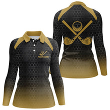 Load image into Gallery viewer, Womens golf polo shirts custom black and yellow hexagon pattern golf outfits women, cool golf gifts NQS8138