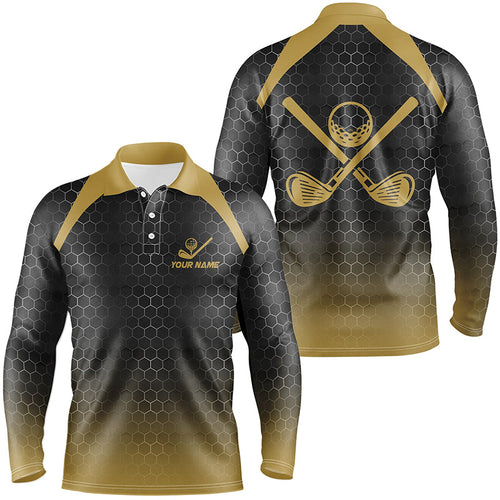 Mens golf polo shirts custom black and yellow hexagon pattern golf outfits men, cool golf gifts NQS8138