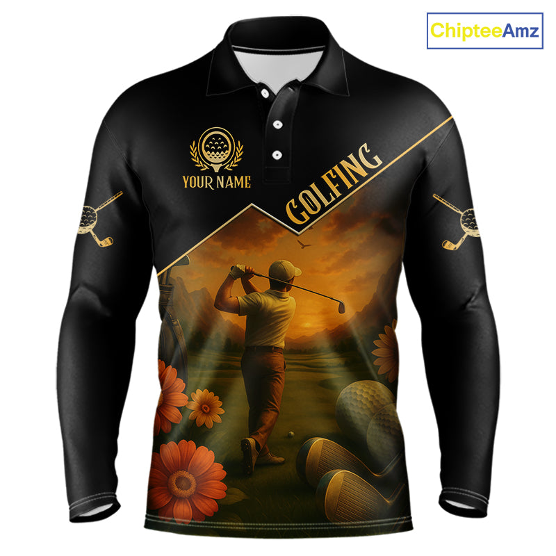Black & Gold Golf polo shirt for men Custom  Mens golf tops, gift for golfers NQS10339