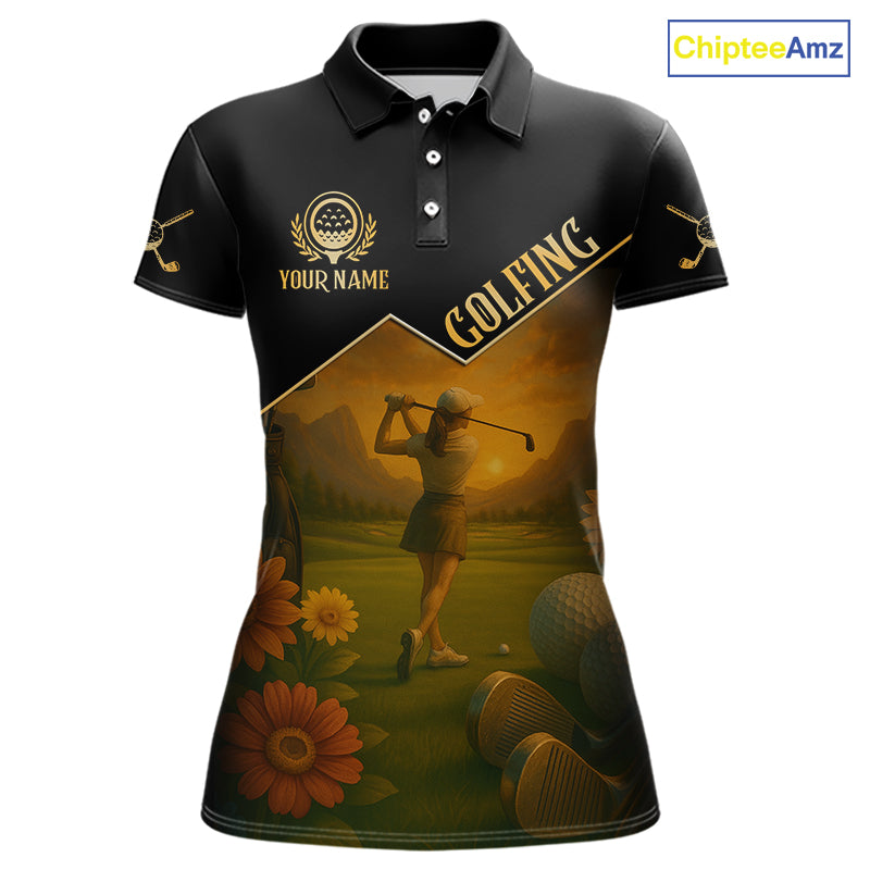 Black & Gold Golf polo shirt for Women Custom  Ladies golf tops, gift for golfers NQS10339