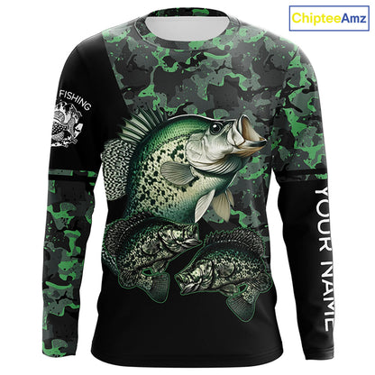 Crappie fishing black green camo personalized custom name sun protection long sleeve fishing shirts NQS3837