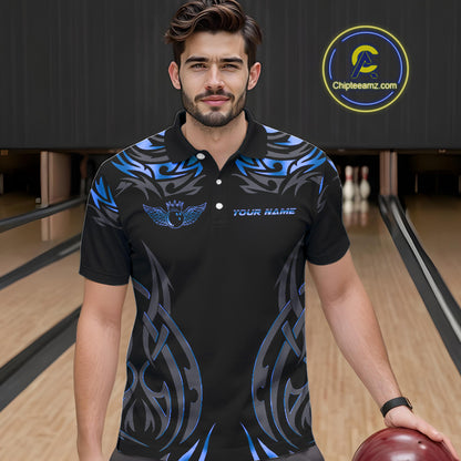 Personalized Black And Blue tribal pattern Bowling Shirts For Men, angel wings Bowling Team jerseys NQS10758
