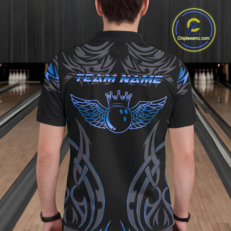 Personalized Black And Blue tribal pattern Bowling Shirts For Men, angel wings Bowling Team jerseys NQS10758