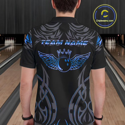 Personalized Black And Blue tribal pattern Bowling Shirts For Men, angel wings Bowling Team jerseys NQS10758
