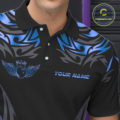 Personalized Black And Blue tribal pattern Bowling Shirts For Men, angel wings Bowling Team jerseys NQS10758