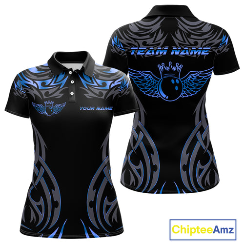 Personalized Black And Blue tribal pattern Bowling Shirts For Women, angel wings Bowling Team jerseys NQS10758