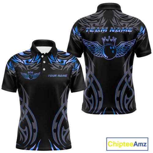 Personalized Black And Blue tribal pattern Bowling Shirts For Men, angel wings Bowling Team jerseys NQS10758