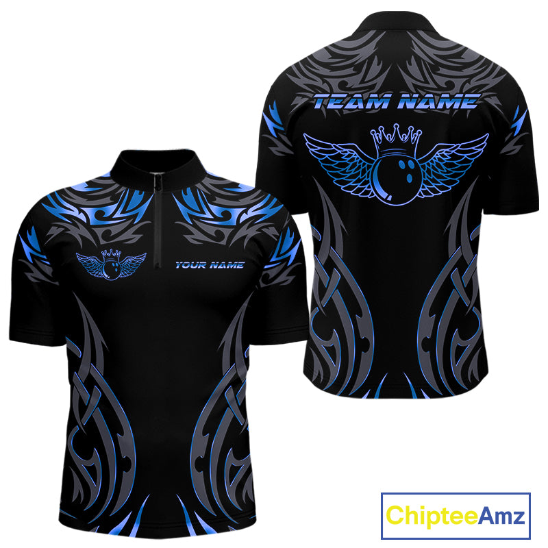 Personalized Black And Blue tribal pattern Bowling Shirts For Men, angel wings Bowling Team jerseys NQS10758