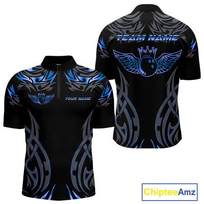 Personalized Black And Blue tribal pattern Bowling Shirts For Men, angel wings Bowling Team jerseys NQS10758