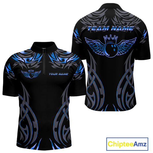 Personalized Black And Blue tribal pattern Bowling Shirts For Men, angel wings Bowling Team jerseys NQS10758