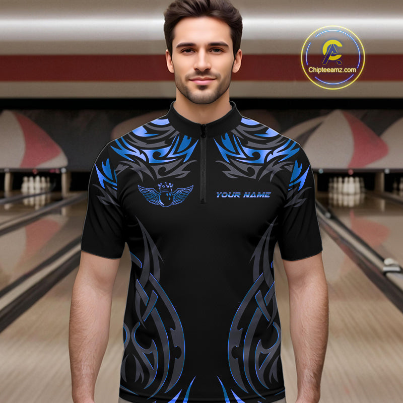 Personalized Black And Blue tribal pattern Bowling Shirts For Men, angel wings Bowling Team jerseys NQS10758