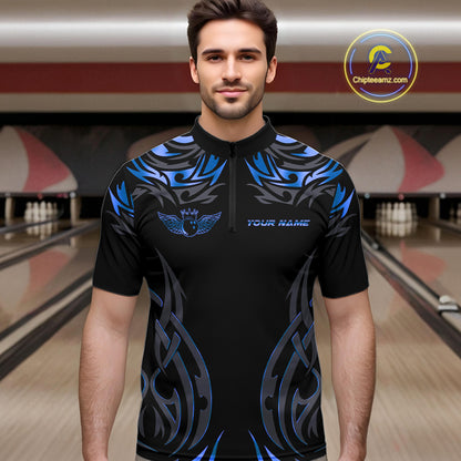Personalized Black And Blue tribal pattern Bowling Shirts For Men, angel wings Bowling Team jerseys NQS10758