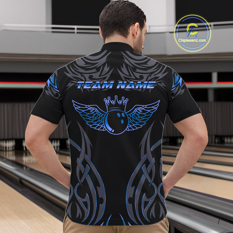 Personalized Black And Blue tribal pattern Bowling Shirts For Men, angel wings Bowling Team jerseys NQS10758