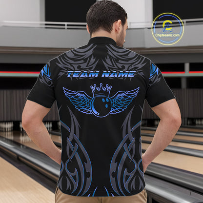Personalized Black And Blue tribal pattern Bowling Shirts For Men, angel wings Bowling Team jerseys NQS10758