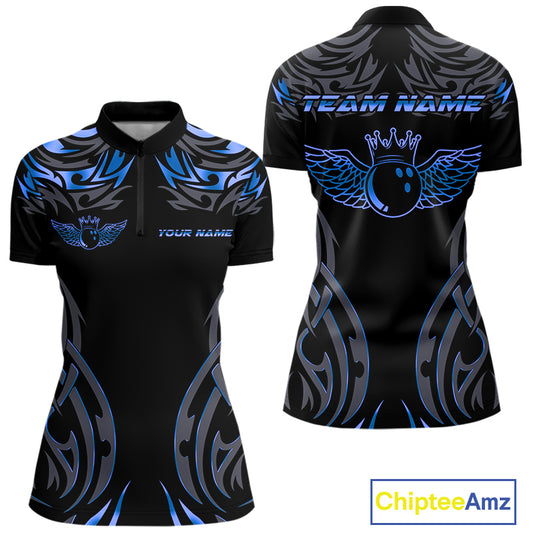 Personalized Black And Blue tribal pattern Bowling Shirts For Women, angel wings Bowling Team jerseys NQS10758