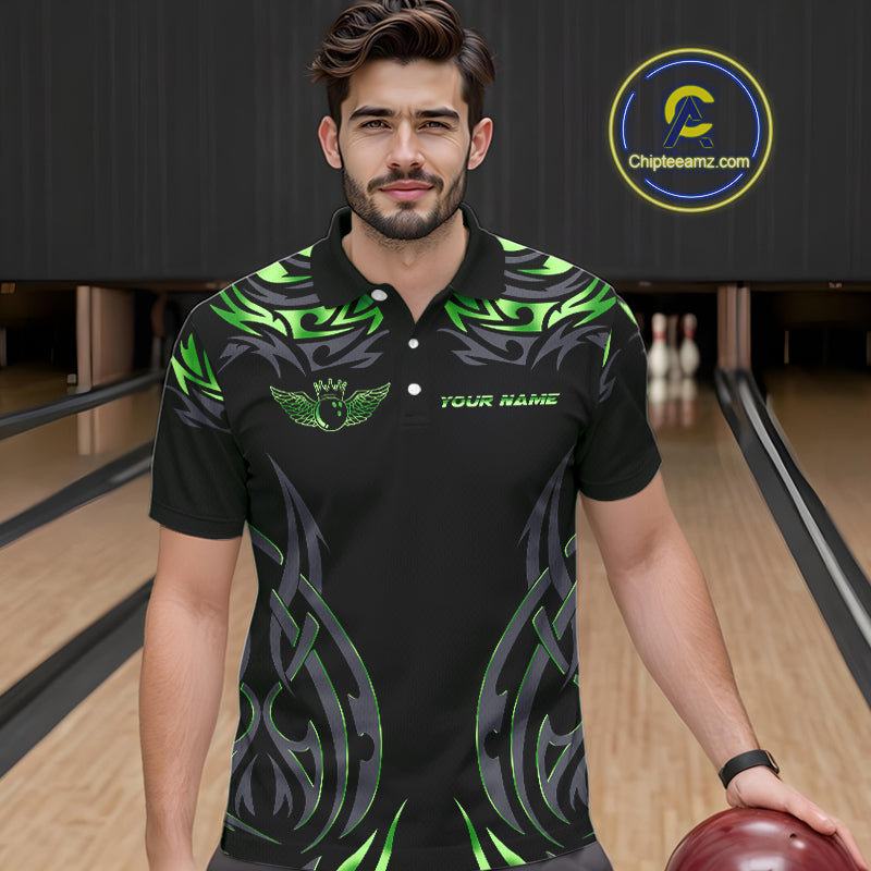 Personalized Black And Green tribal pattern Bowling Shirts For Men, angel wings Bowling Team jerseys NQS10759