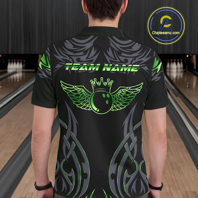 Personalized Black And Green tribal pattern Bowling Shirts For Men, angel wings Bowling Team jerseys NQS10759