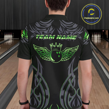Personalized Black And Green tribal pattern Bowling Shirts For Men, angel wings Bowling Team jerseys NQS10759