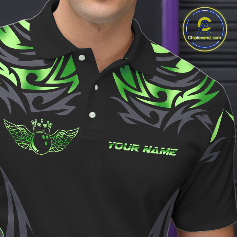 Personalized Black And Green tribal pattern Bowling Shirts For Men, angel wings Bowling Team jerseys NQS10759