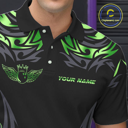 Personalized Black And Green tribal pattern Bowling Shirts For Men, angel wings Bowling Team jerseys NQS10759