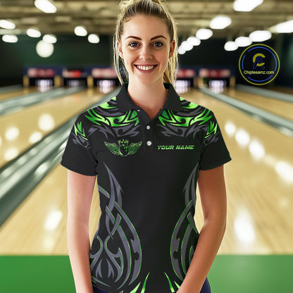 Personalized Black And Green tribal pattern Bowling Shirts For Women, angel wings Bowling Team jersey NQS10759