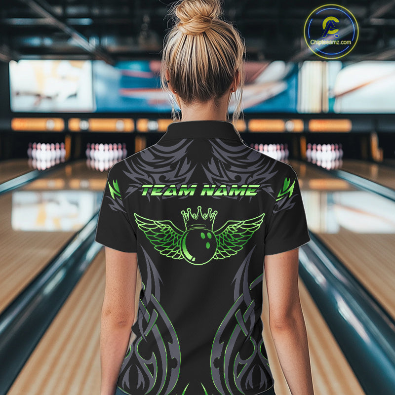 Personalized Black And Green tribal pattern Bowling Shirts For Women, angel wings Bowling Team jersey NQS10759