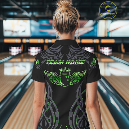 Personalized Black And Green tribal pattern Bowling Shirts For Women, angel wings Bowling Team jersey NQS10759