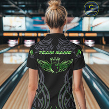 Load image into Gallery viewer, Personalized Black And Green tribal pattern Bowling Shirts For Women, angel wings Bowling Team jersey NQS10759