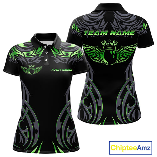 Personalized Black And Green tribal pattern Bowling Shirts For Women, angel wings Bowling Team jersey NQS10759