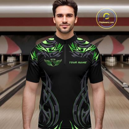 Personalized Black And Green tribal pattern Bowling Shirts For Men, angel wings Bowling Team jerseys NQS10759