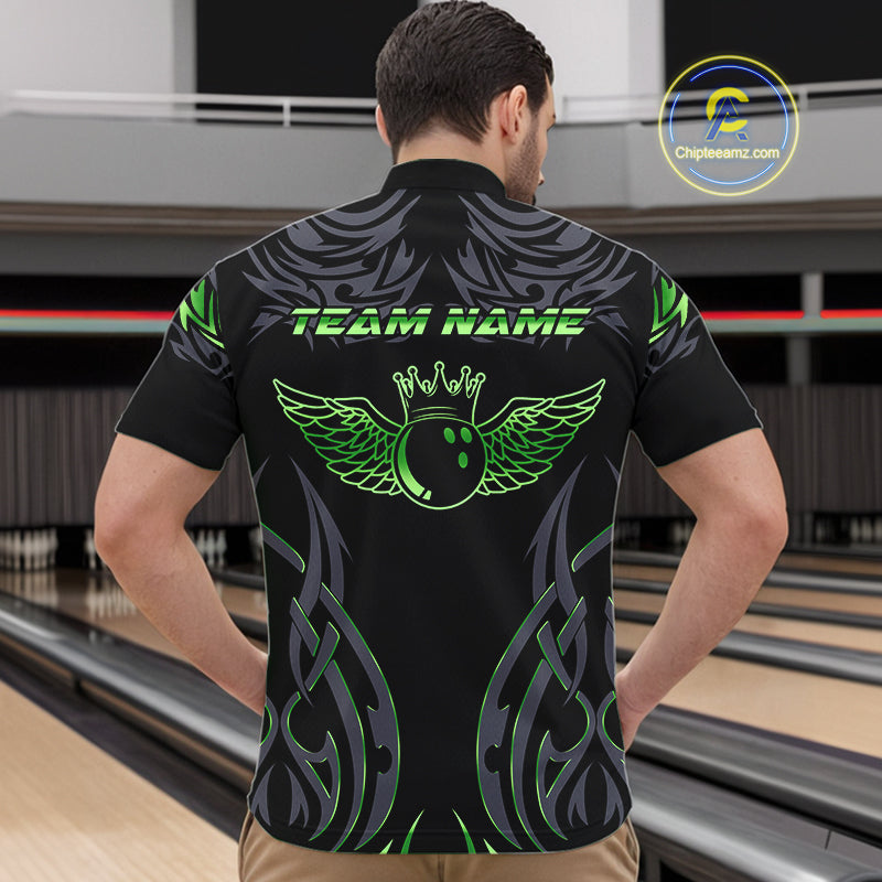 Personalized Black And Green tribal pattern Bowling Shirts For Men, angel wings Bowling Team jerseys NQS10759