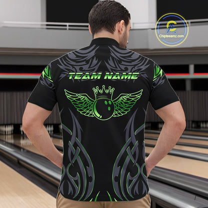 Personalized Black And Green tribal pattern Bowling Shirts For Men, angel wings Bowling Team jerseys NQS10759