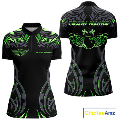 Personalized Black And Green tribal pattern Bowling Shirts For Women, angel wings Bowling Team jersey NQS10759