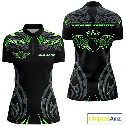 Personalized Black And Green tribal pattern Bowling Shirts For Women, angel wings Bowling Team jersey NQS10759