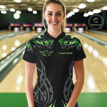 Personalized Black And Green tribal pattern Bowling Shirts For Women, angel wings Bowling Team jersey NQS10759
