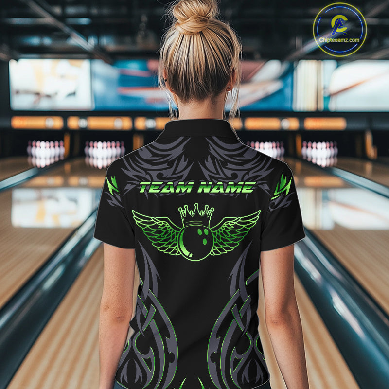 Personalized Black And Green tribal pattern Bowling Shirts For Women, angel wings Bowling Team jersey NQS10759
