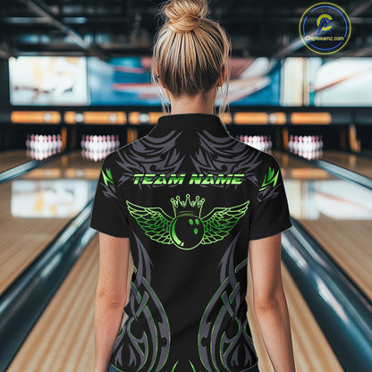 Personalized Black And Green tribal pattern Bowling Shirts For Women, angel wings Bowling Team jersey NQS10759