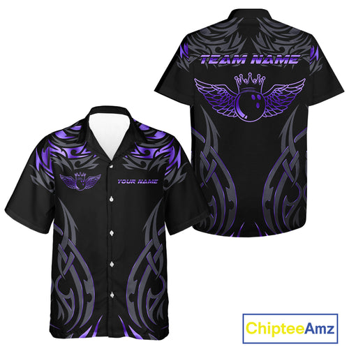 Personalized Black And Purple tribal pattern Bowling Hawaiian Shirt, angel wings Bowling Team jerseys NQS10760