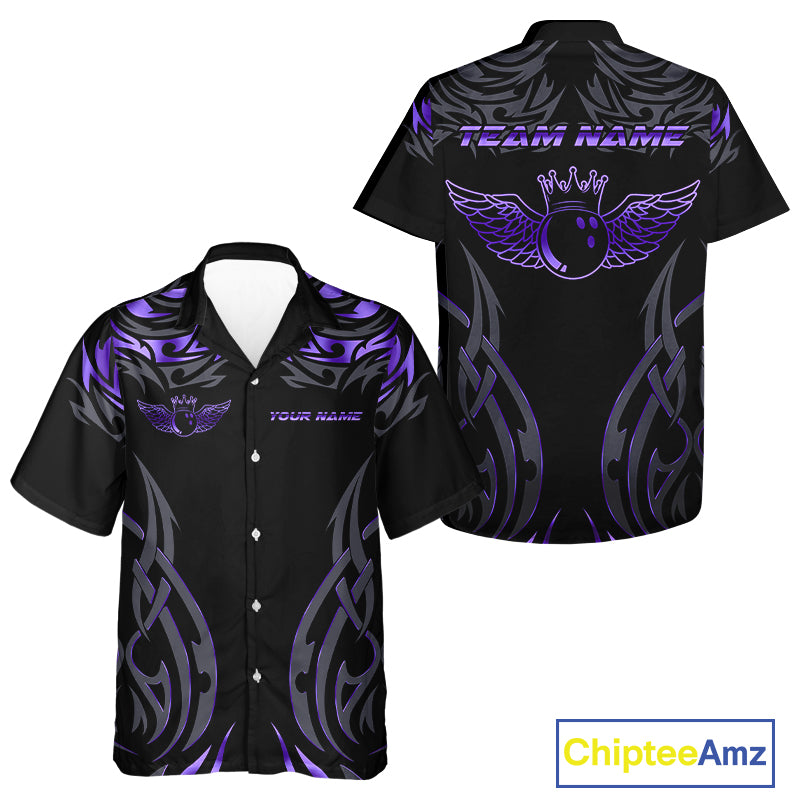 Personalized Black And Purple tribal pattern Bowling Hawaiian Shirt, angel wings Bowling Team jerseys NQS10760