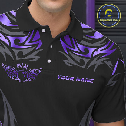 Personalized Black And Purple tribal pattern Bowling Shirts For Men, angel wings Bowling Team jerseys NQS10760