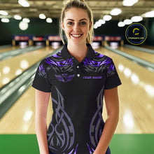 Load image into Gallery viewer, Personalized Black And Purple tribal pattern Bowling Shirt For Women, angel wings Bowling Team jersey NQS10760