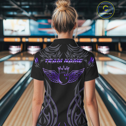 Personalized Black And Purple tribal pattern Bowling Shirt For Women, angel wings Bowling Team jersey NQS10760