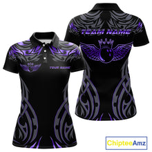 Load image into Gallery viewer, Personalized Black And Purple tribal pattern Bowling Shirt For Women, angel wings Bowling Team jersey NQS10760