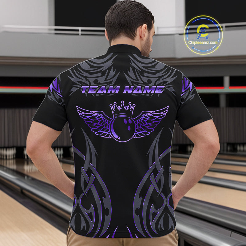 Personalized Black And Purple tribal pattern Bowling Shirts For Men, angel wings Bowling Team jerseys NQS10760